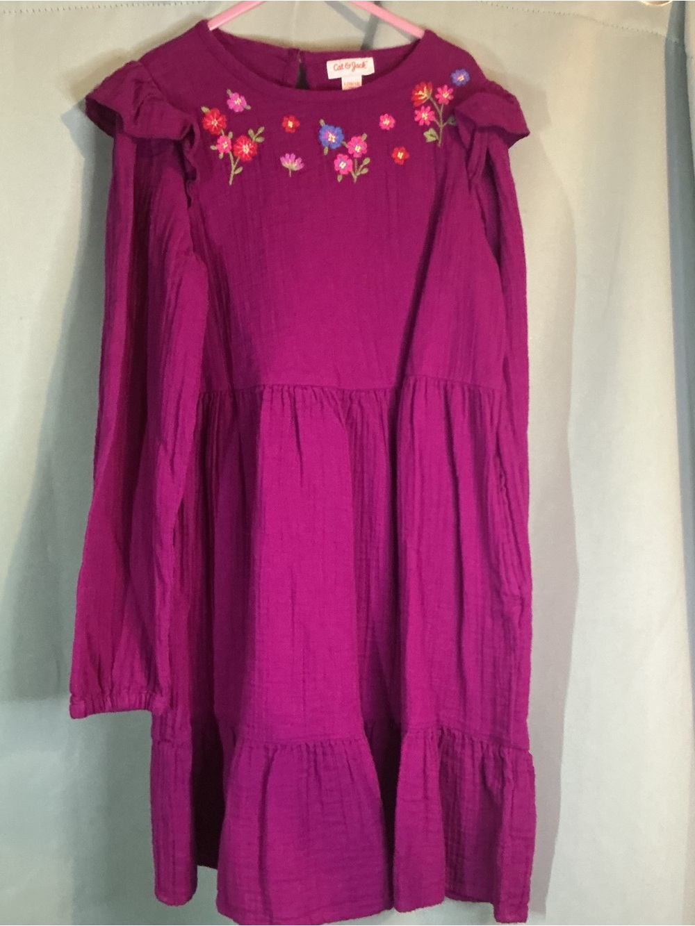 Cat & Jack Girls' Magenta Long Sleeve Embroidered Tiered Dress